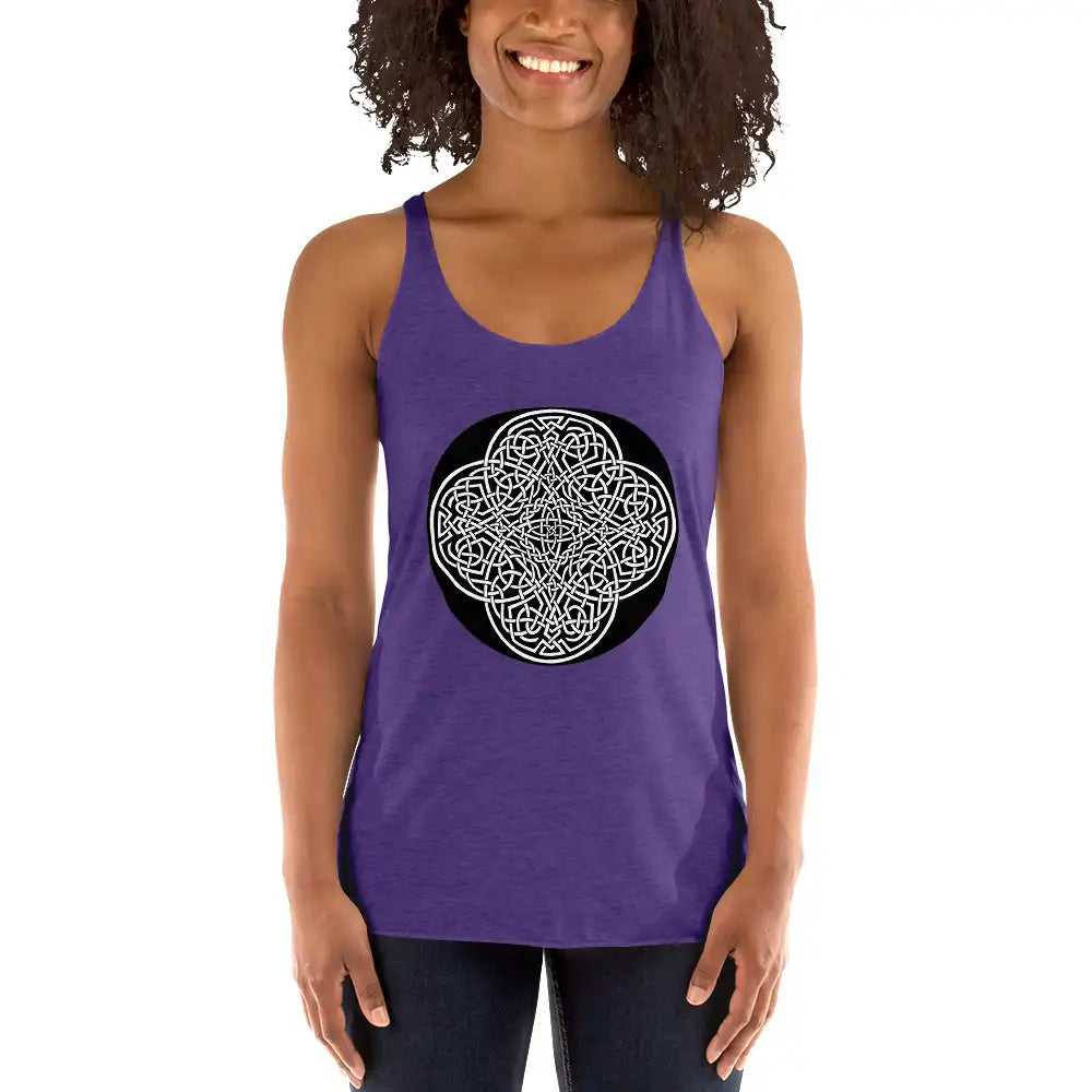 A young woman, viewed from the front, wearing a purple rush Xigfireon graphic women&