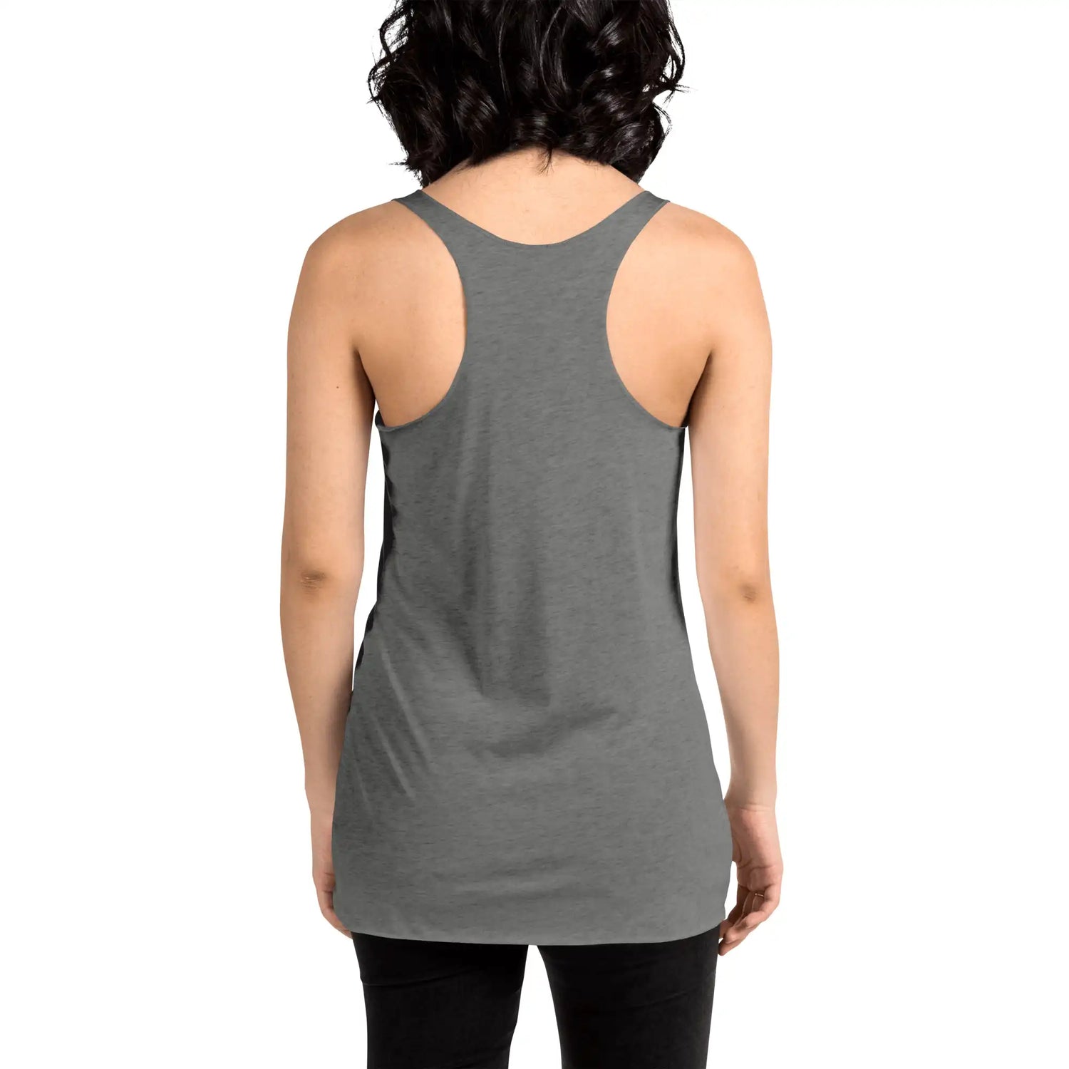 A young woman, viewed from behind, wearing a heather Xigfireon graphic women&