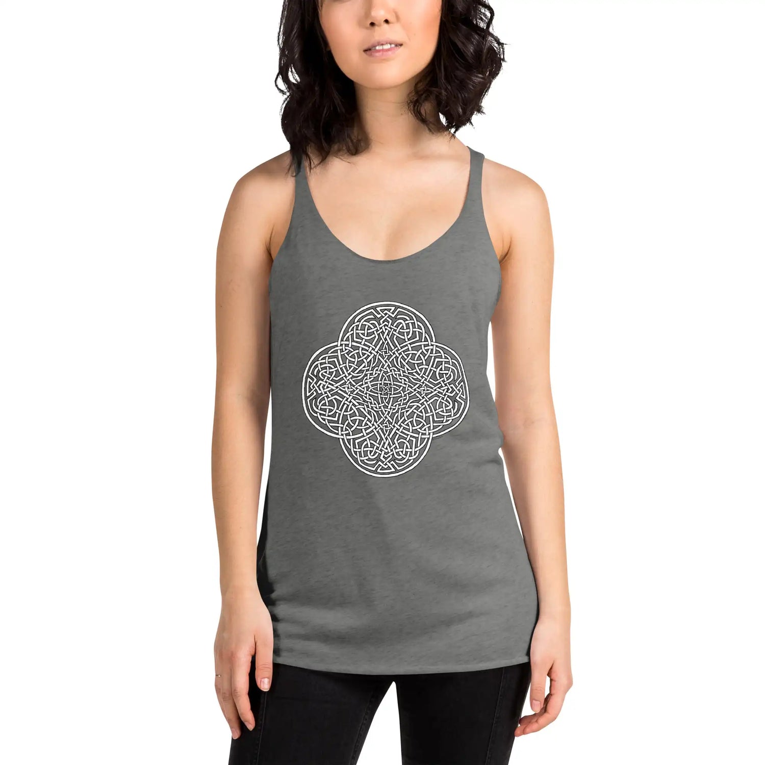 A young woman, viewed from the front, wearing a heather Xigfireon graphic women&
