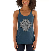 A young woman, viewed from the front, wearing an indigo Xigfireon graphic women&