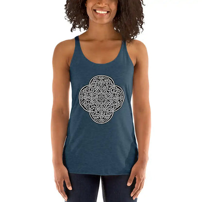 A young woman, viewed from the front, wearing an indigo Xigfireon graphic women&
