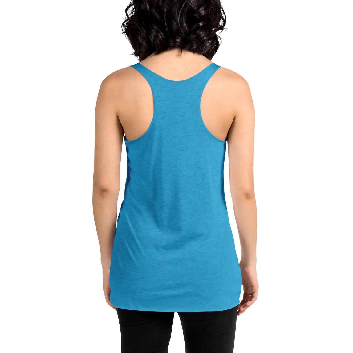 A young woman, viewed from behind, wearing a vintage turquoise Xigfireon graphic women&