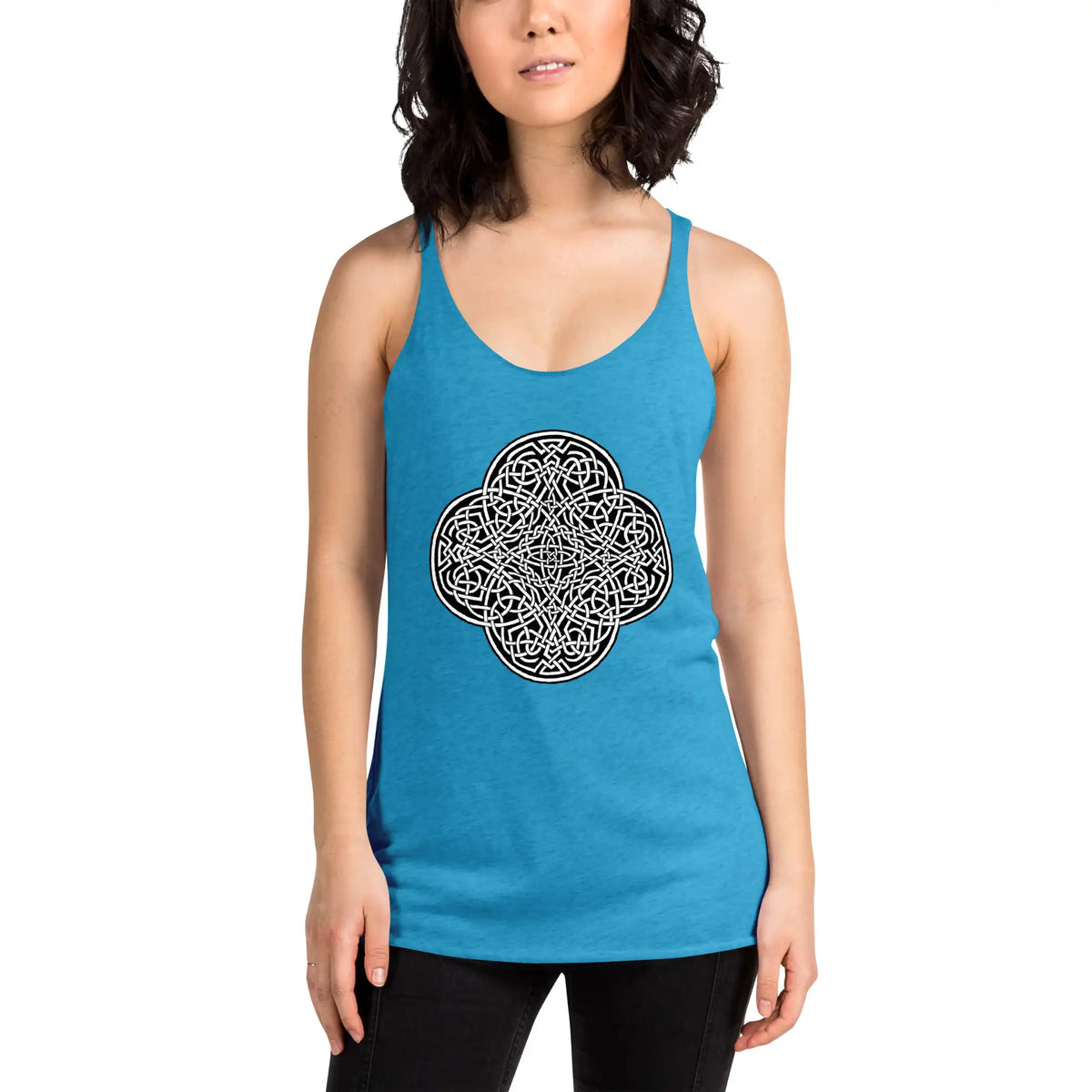 A young woman, viewed from the front, wearing a vintage turquoise Xigfireon graphic women&