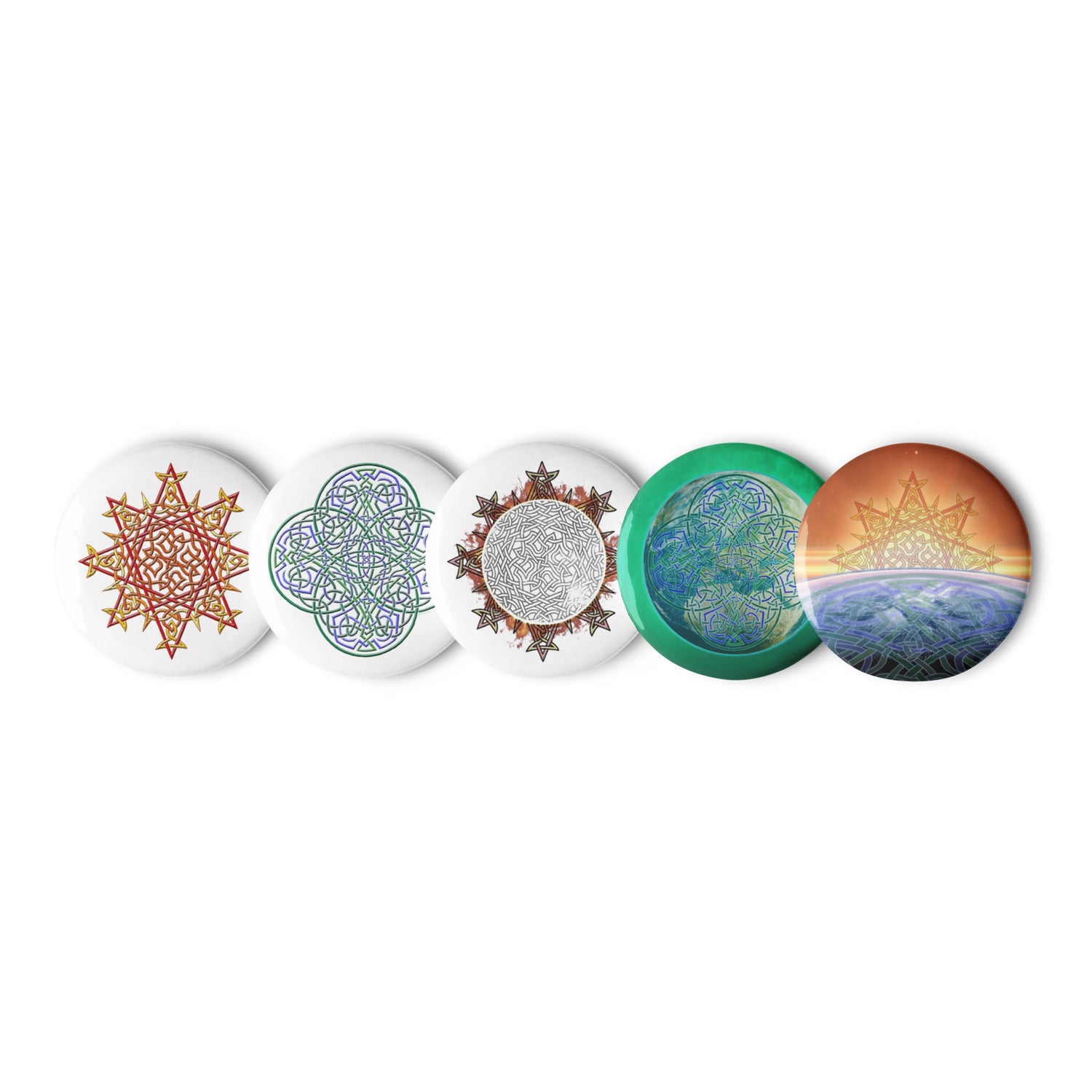 5 assorted 1.25 inch pin-back buttons featuring `Morning Star Fire`, `Reach Of The Spirit`, and `Derivation II` Celtic knot designs.