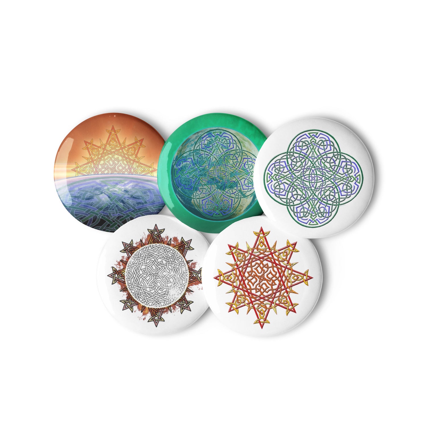 5 assorted 1.25 inch pin-back buttons featuring `Morning Star Fire`, `Reach Of The Spirit`, and `Derivation II` Celtic knot designs.