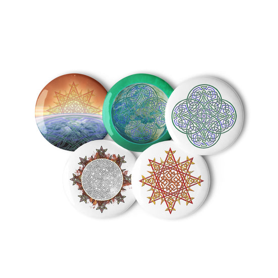 5 assorted 1.25 inch pin-back buttons featuring `Morning Star Fire`, `Reach Of The Spirit`, and `Derivation II` Celtic knot designs.