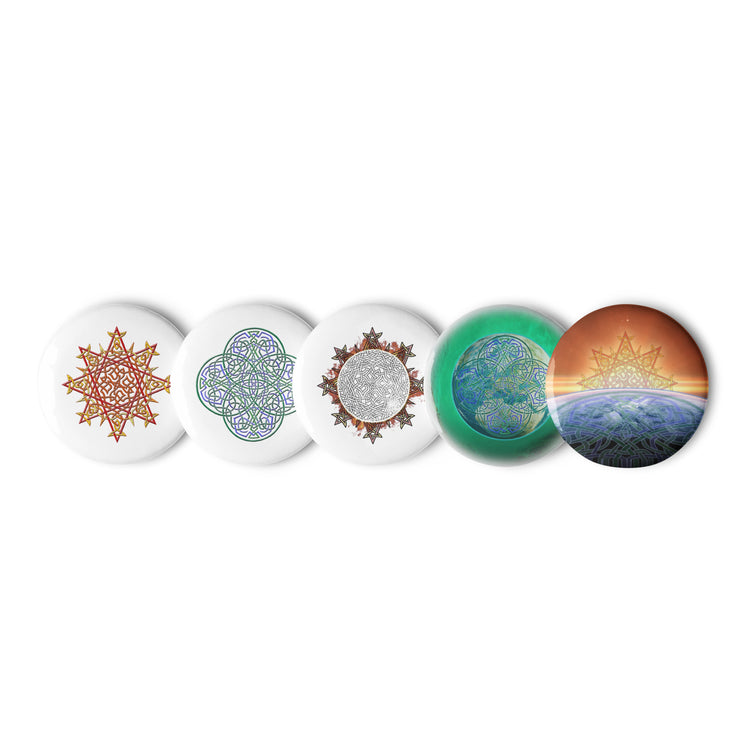 5 assorted 2.25 inch pin-back buttons featuring `Morning Star Fire`, `Reach Of The Spirit`, and `Derivation II` Celtic knot designs.