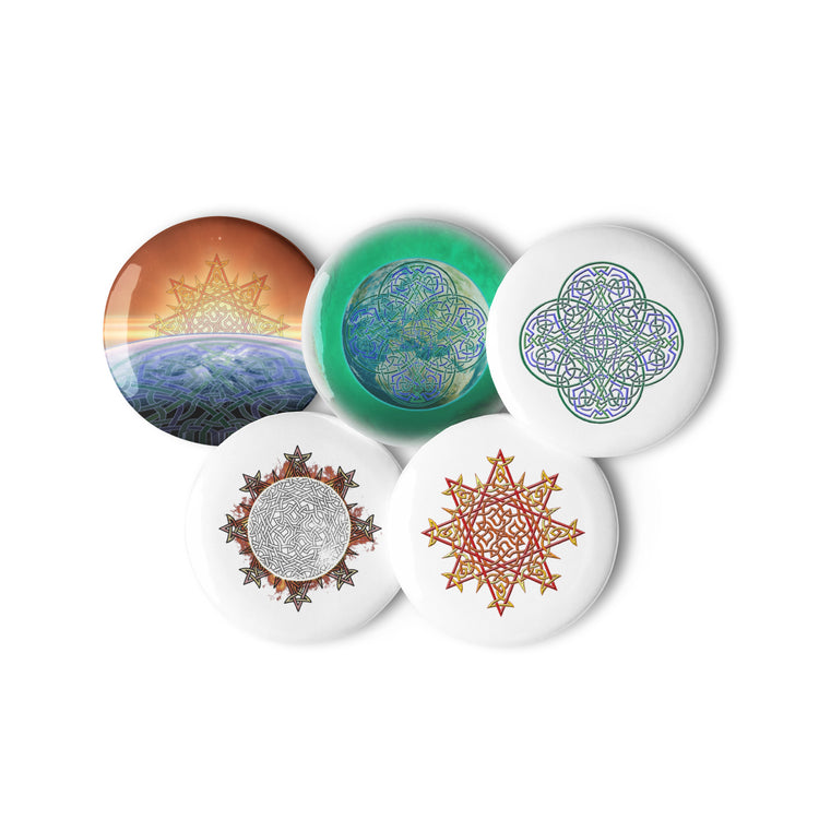 5 assorted 2.25 inch pin-back buttons featuring `Morning Star Fire`, `Reach Of The Spirit`, and `Derivation II` Celtic knot designs.