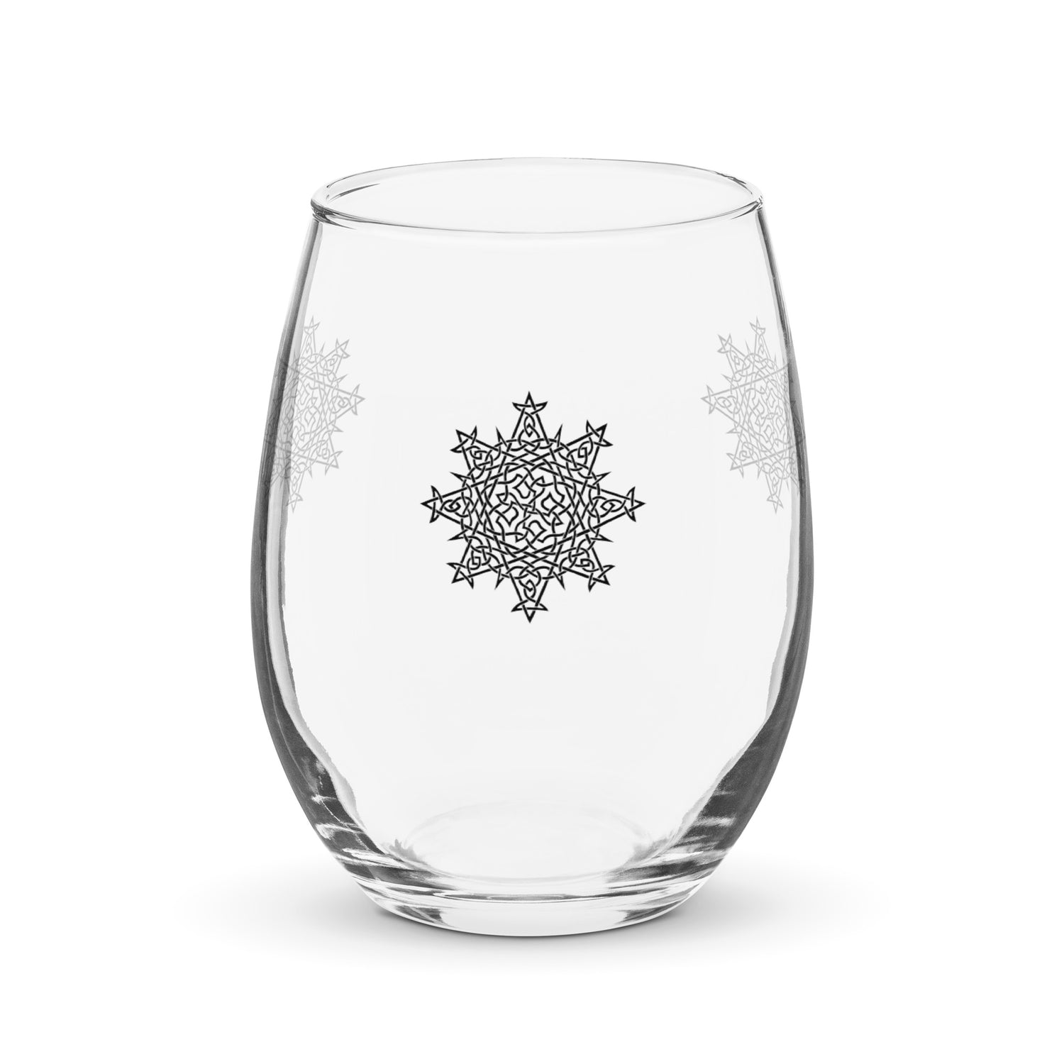 The front side of a stemless wine glass featuring the Solid Black iteration of the `Morning Star Fire` Celtic knot design. The `Morning Star Fire` Celtic knot represents Father Sun.