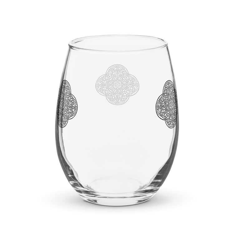 The back side of a stemless wine glass featuring the Solid Black iteration of the `Reach Of The Spirit` Celtic knot design. The `Reach Of The Spirit` Celtic knot is an Earth symbol.