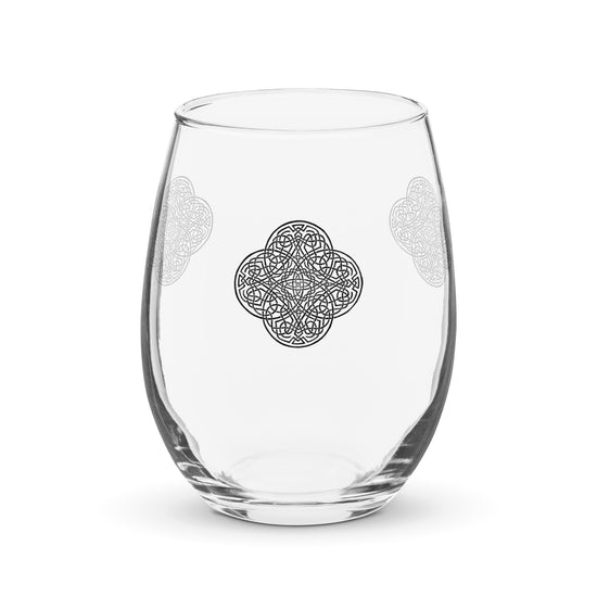 The front side of a stemless wine glass featuring the Solid Black iteration of the `Reach Of The Spirit` Celtic knot design. The `Reach Of The Spirit` Celtic knot is an Earth symbol.