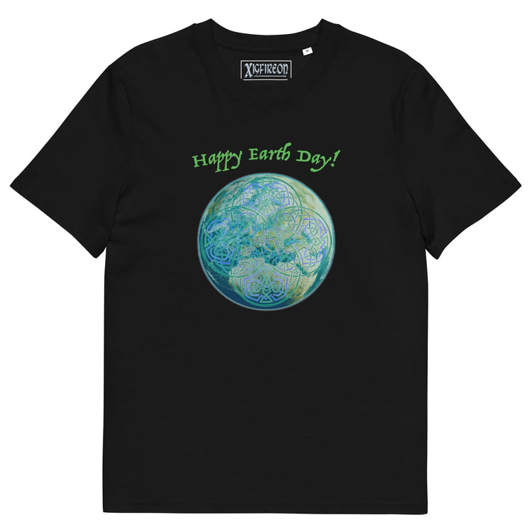 A black organic graphic t-shirt featuring the Sacred Planet iteration of the `Reach Of The Spirit` Celtic knot design under a message reading "Happy Earth Day".