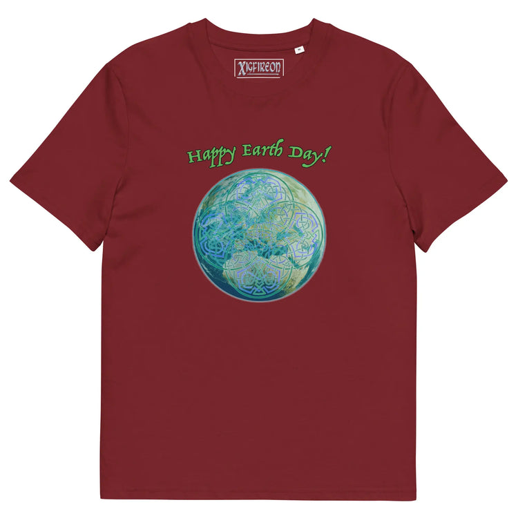 A burgundy organic graphic t-shirt featuring the Sacred Planet iteration of the `Reach Of The Spirit` Celtic knot design under a message reading "Happy Earth Day".