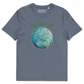 A dark heather blue organic graphic t-shirt featuring the Sacred Planet iteration of the `Reach Of The Spirit` Celtic knot design under a message reading "Happy Earth Day".