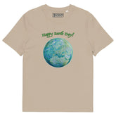 A desert dust organic graphic t-shirt featuring the Sacred Planet iteration of the `Reach Of The Spirit` Celtic knot design under a message reading "Happy Earth Day".