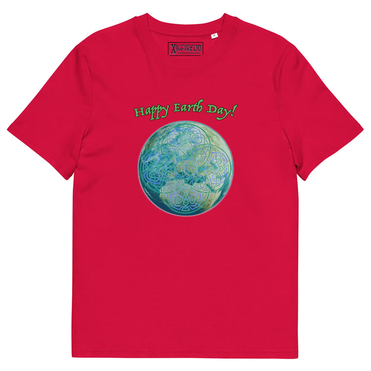 A red organic graphic t-shirt featuring the Sacred Planet iteration of the `Reach Of The Spirit` Celtic knot design under a message reading "Happy Earth Day".