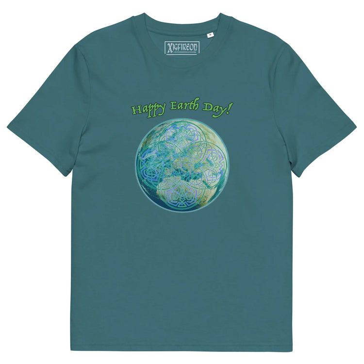 A stargazer organic graphic t-shirt featuring the Sacred Planet iteration of the `Reach Of The Spirit` Celtic knot design under a message reading "Happy Earth Day".