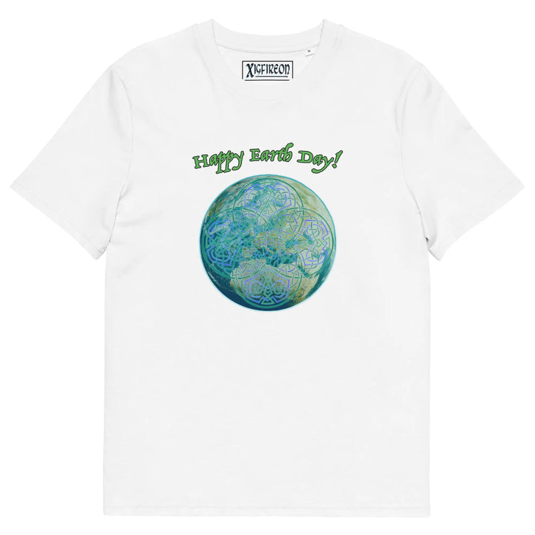 A white organic graphic t-shirt featuring the Sacred Planet iteration of the `Reach Of The Spirit` Celtic knot design under a message reading "Happy Earth Day".