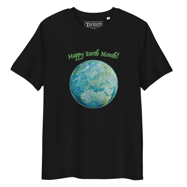 A black organic graphic t-shirt featuring the Sacred Planet iteration of the `Reach Of The Spirit` Celtic knot design under a message reading "Happy Earth Month".