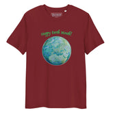 A burgundy organic graphic t-shirt featuring the Sacred Planet iteration of the `Reach Of The Spirit` Celtic knot design under a message reading "Happy Earth Month".