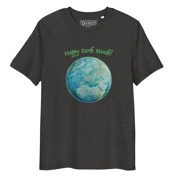 A dark heather grey organic graphic t-shirt featuring the Sacred Planet iteration of the `Reach Of The Spirit` Celtic knot design under a message reading "Happy Earth Month".