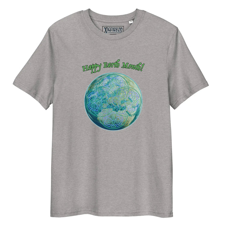 A heather grey organic graphic t-shirt featuring the Sacred Planet iteration of the `Reach Of The Spirit` Celtic knot design under a message reading "Happy Earth Month".