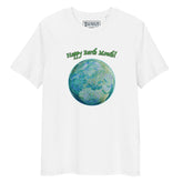 A white organic graphic t-shirt featuring the Sacred Planet iteration of the `Reach Of The Spirit` Celtic knot design under a message reading "Happy Earth Month".