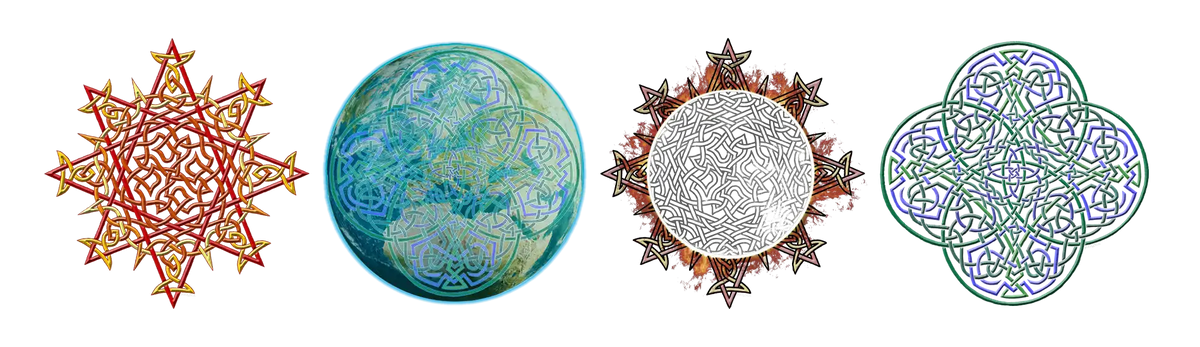 Four of Xigfireon's core Celtic knot designs: Morning Star Fire in Fire Colour, Reach Of The Spirit Sacred Planet, Morning Star Fire Eclipsed, and Reach Of The Spirit in Living Colour.