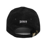 The back side of a black Xigfireon vintage corduroy cap showing the embroidered Xigfireon logo.
