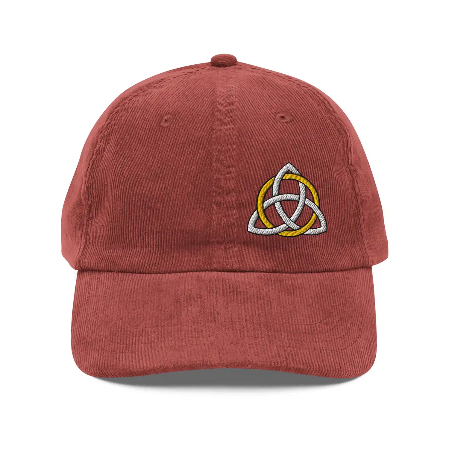 The front side of a burgundy Xigfireon vintage corduroy cap embroidered with a White & Gold Celtic Trinity Knot, offset to the left.