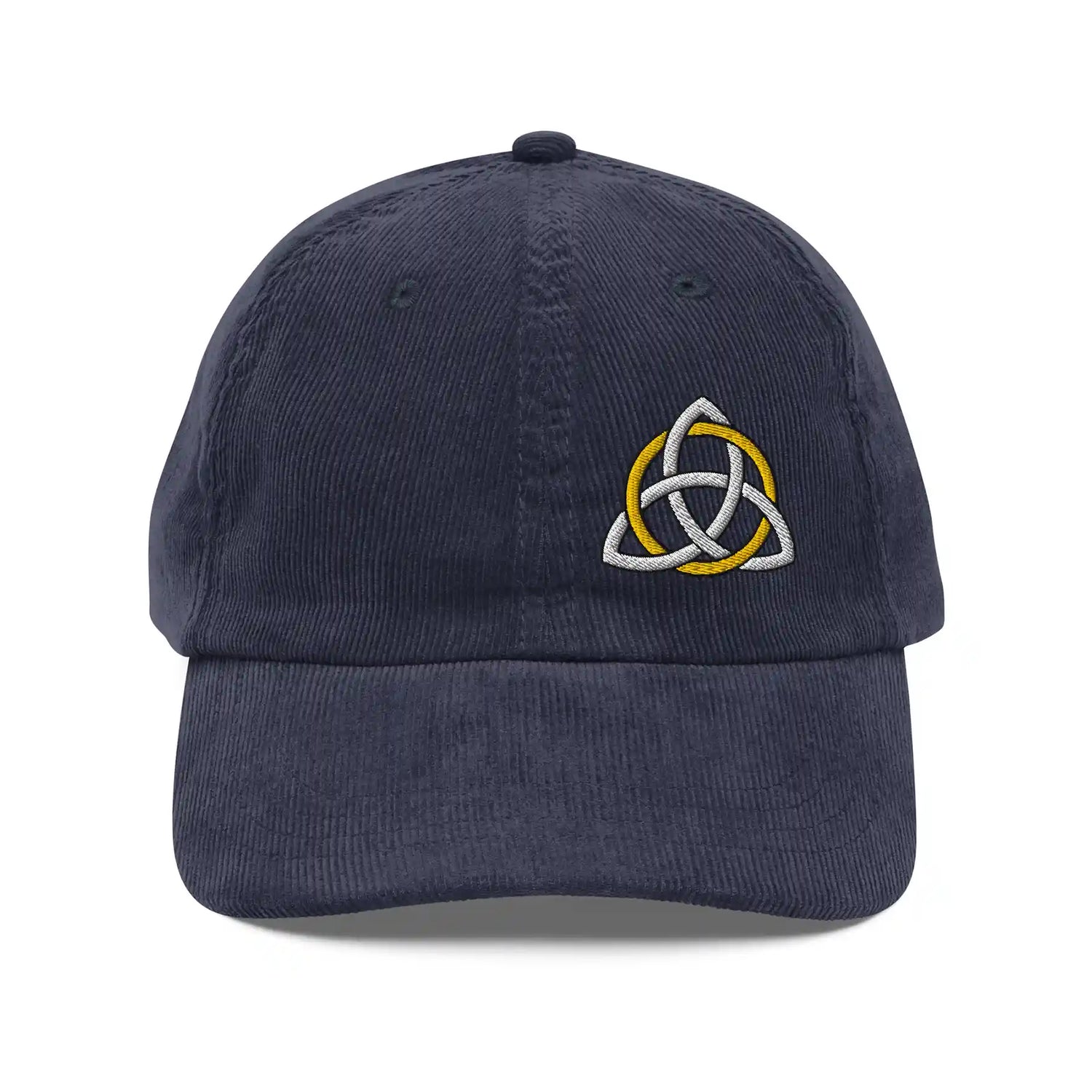 The front side of a navy blue Xigfireon vintage corduroy cap embroidered with a White & Gold Celtic Trinity Knot, offset to the left.