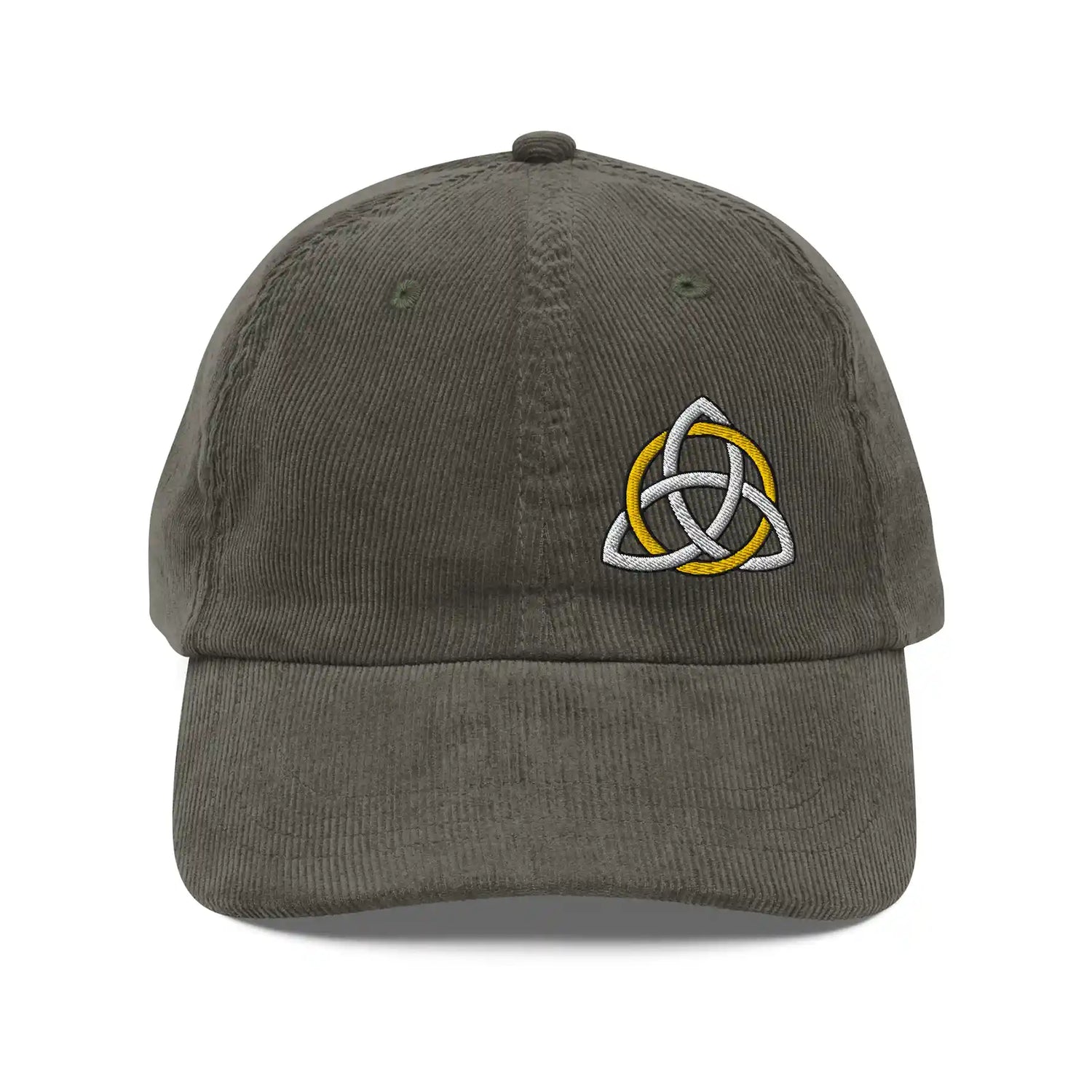 The front side of an olive green Xigfireon vintage corduroy cap embroidered with a White & Gold Celtic Trinity Knot, offset to the left.