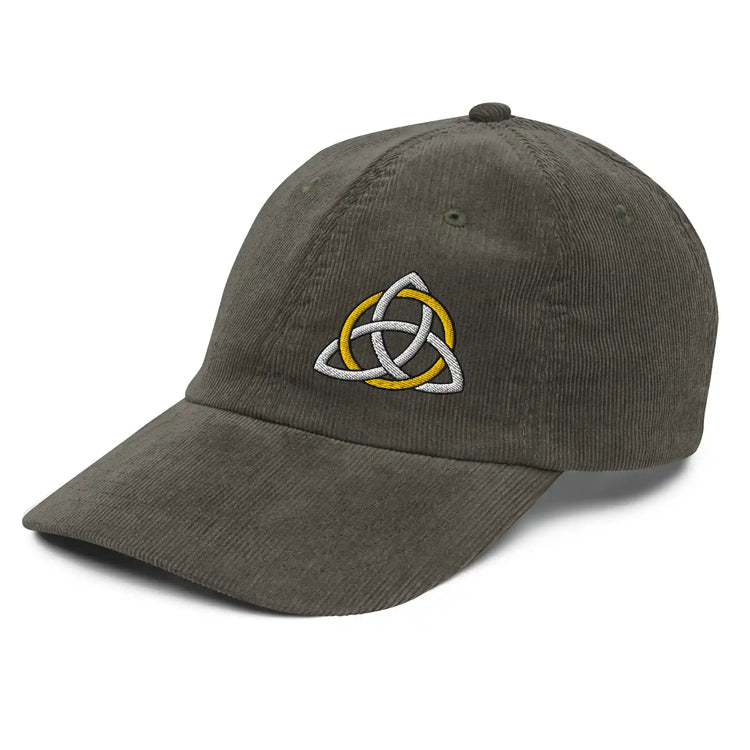 A view of the front left side of an olive green Xigfireon vintage corduroy cap embroidered with a White & Gold Celtic Trinity Knot, offset to the left.
