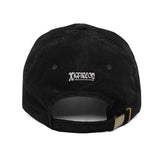The back side of a black Xigfireon vintage corduroy cap showing the embroidered Xigfireon logo.