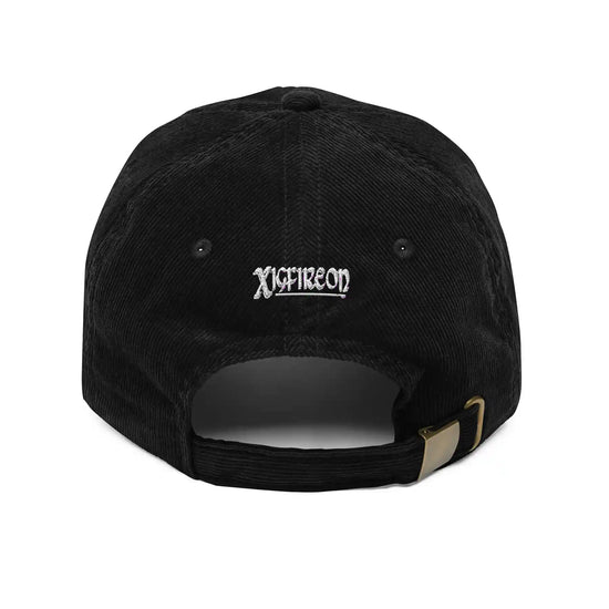 The back side of a black Xigfireon vintage corduroy cap showing the embroidered Xigfireon logo.