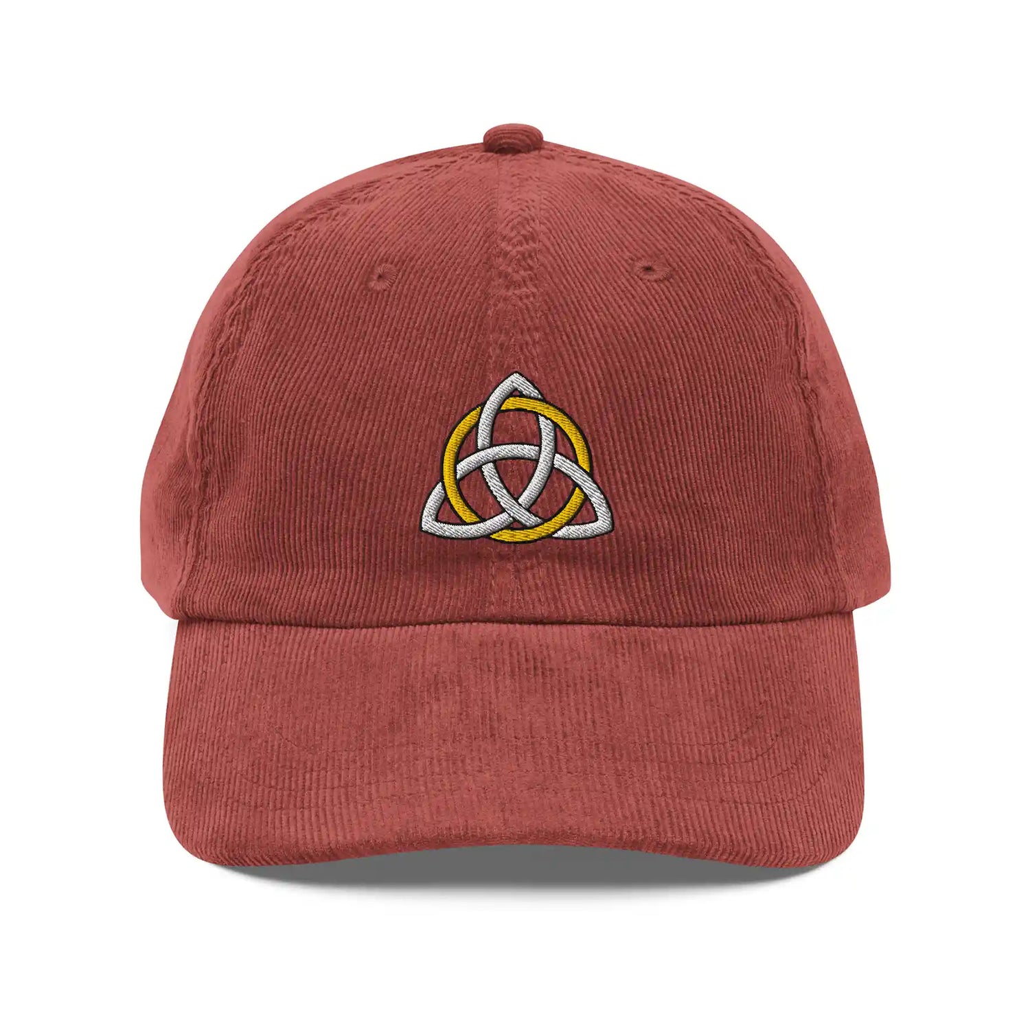 The front side of a burgundy Xigfireon vintage corduroy cap embroidered with a White & Gold Celtic Trinity Knot