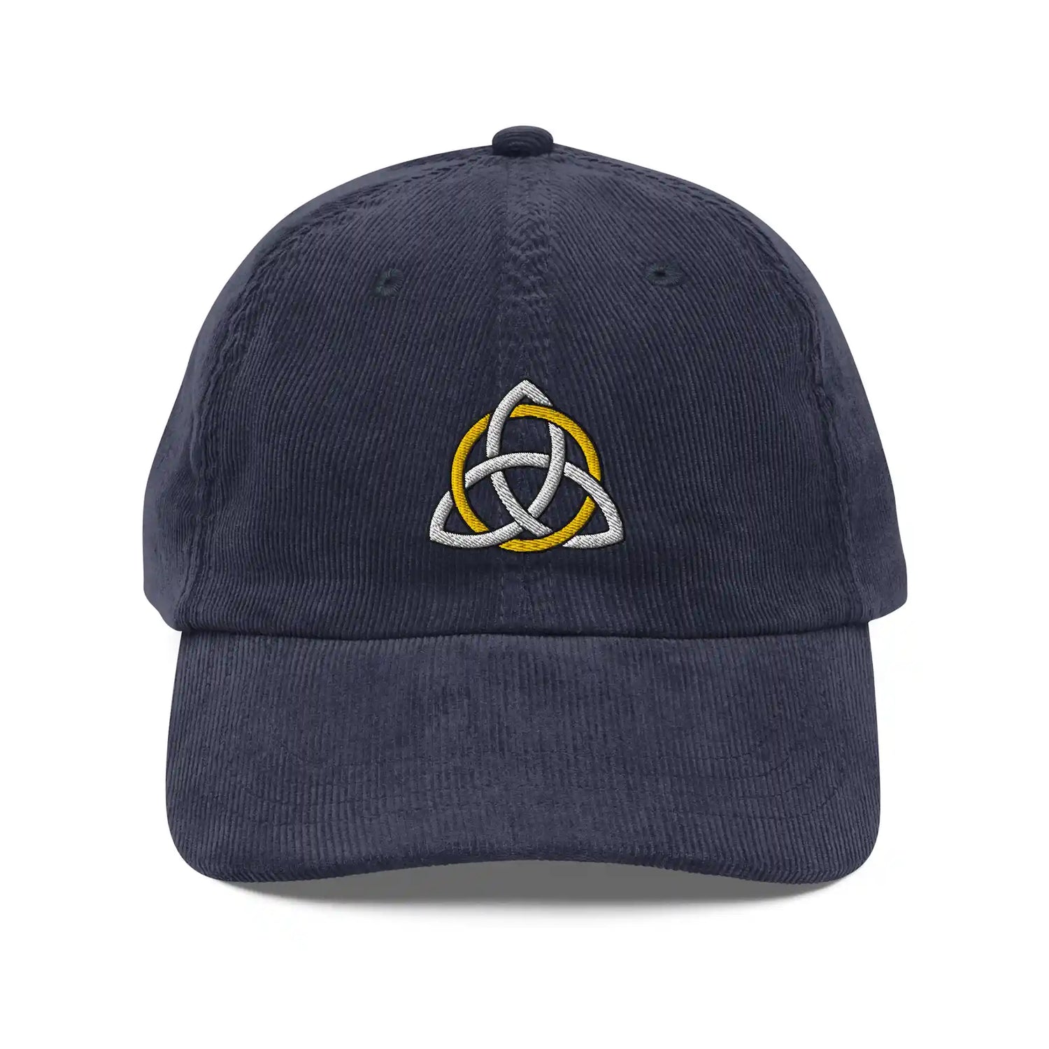 The front side of a navy blue Xigfireon vintage corduroy cap embroidered with a White & Gold Celtic Trinity Knot.