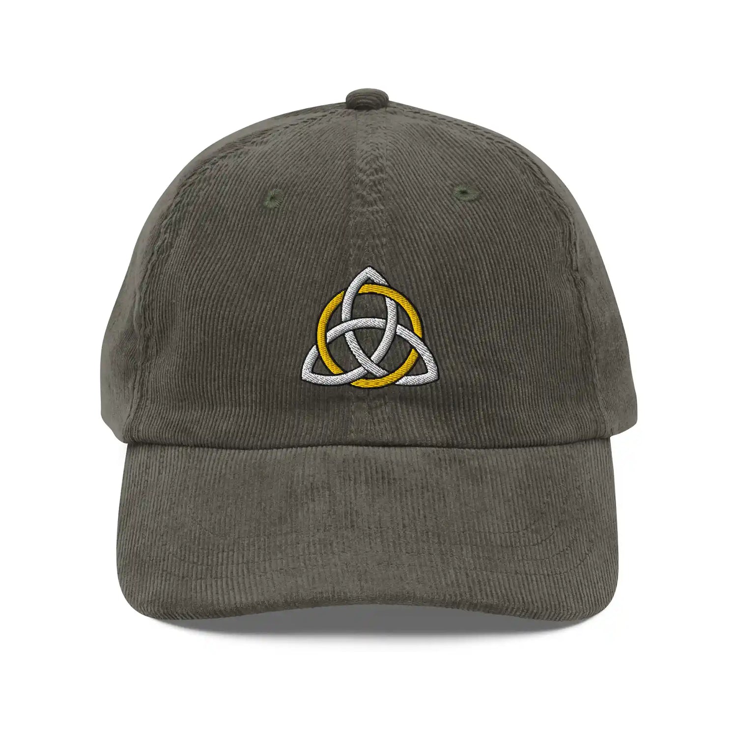 The front side of an olive green Xigfireon vintage corduroy cap embroidered with a White & Gold Celtic Trinity Knot.