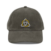 The front side of an olive green Xigfireon vintage corduroy cap embroidered with a White & Gold Celtic Trinity Knot.