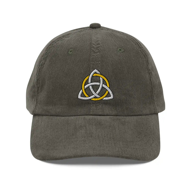 The front side of an olive green Xigfireon vintage corduroy cap embroidered with a White & Gold Celtic Trinity Knot.