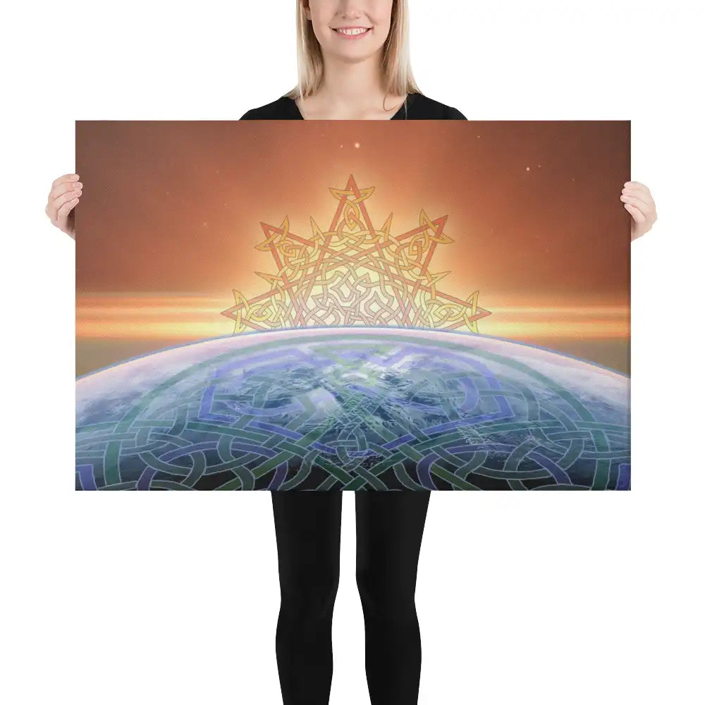 A young woman holding a 24 inch x 36 inch canvas print of the `Derivation II` Celtic knot design, which symbolizes the Sun and the Earth and their cosmic dance.