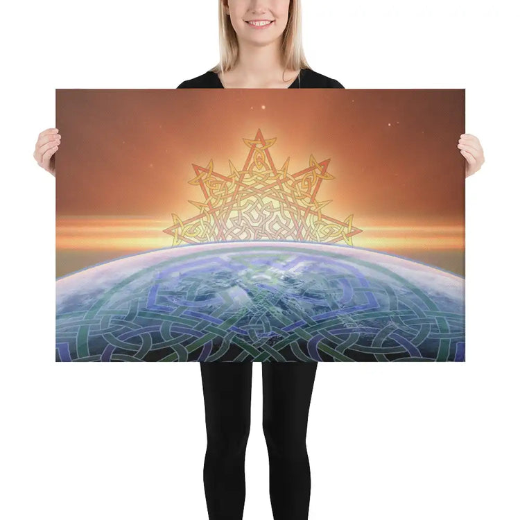A young woman holding a 24 inch x 36 inch canvas print of the `Derivation II` Celtic knot design, which symbolizes the Sun and the Earth and their cosmic dance.