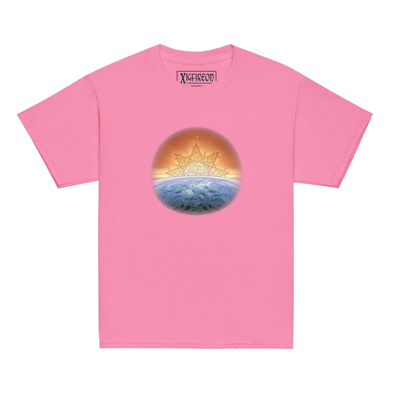 An azalea pink Xigfireon kids graphic t-shirt featuring the `Derivation II` Celtic knot merger design symbolizing the Sun and the Earth in their cosmic dance.