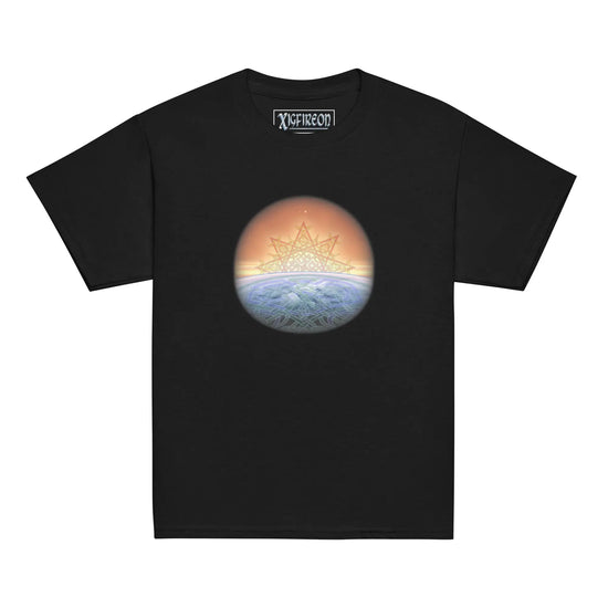 A black Xigfireon kids graphic t-shirt featuring the `Derivation II` Celtic knot merger design symbolizing the Sun and the Earth in their cosmic dance.