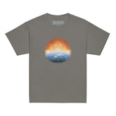 A charcoal grey Xigfireon kids graphic t-shirt featuring the `Derivation II` Celtic knot merger design symbolizing the Sun and the Earth in their cosmic dance.