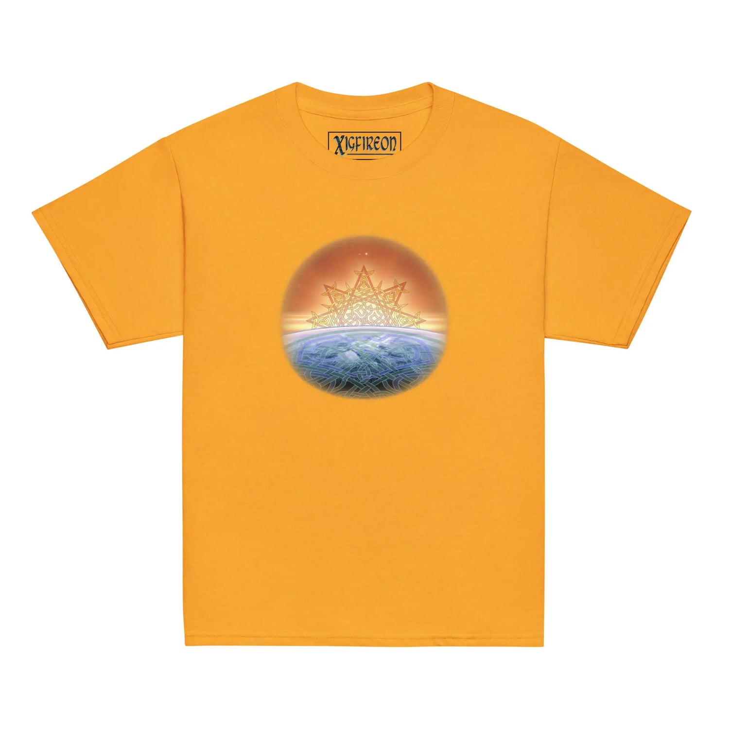 A gold Xigfireon kids graphic t-shirt featuring the `Derivation II` Celtic knot merger design symbolizing the Sun and the Earth in their cosmic dance.