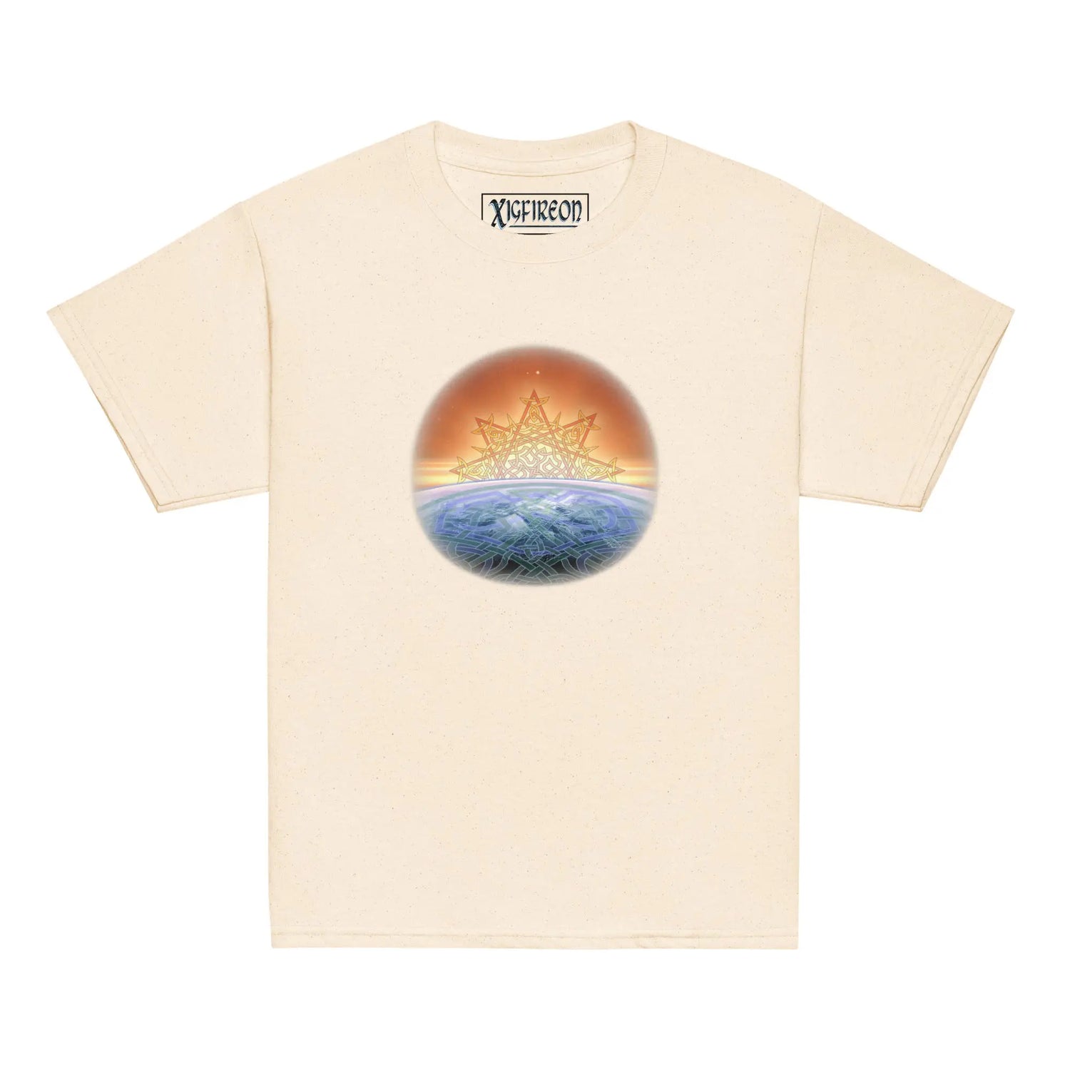 A natural Xigfireon kids graphic t-shirt featuring the `Derivation II` Celtic knot merger design symbolizing the Sun and the Earth in their cosmic dance.