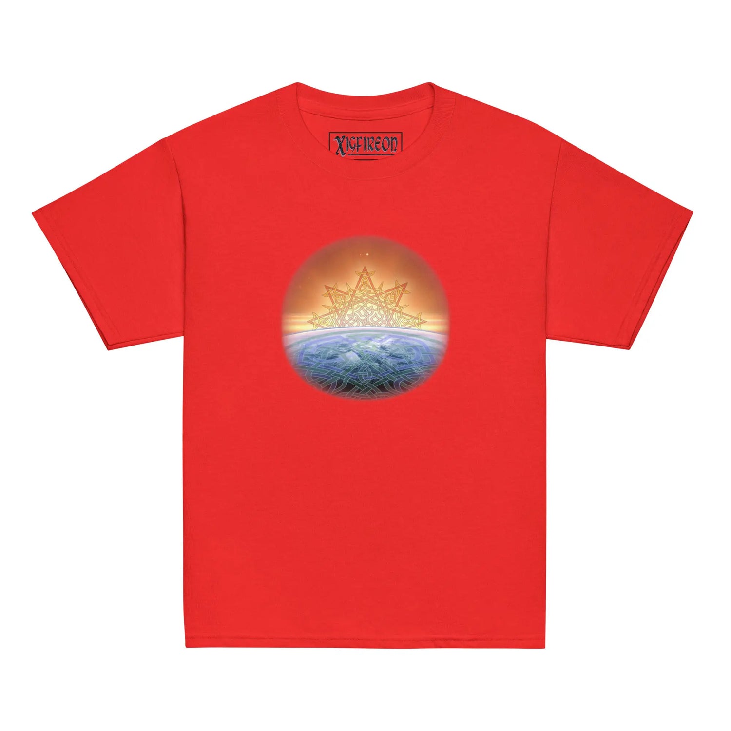 A red Xigfireon kids graphic t-shirt featuring the `Derivation II` Celtic knot merger design symbolizing the Sun and the Earth in their cosmic dance.