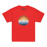 A red Xigfireon kids graphic t-shirt featuring the `Derivation II` Celtic knot merger design symbolizing the Sun and the Earth in their cosmic dance.