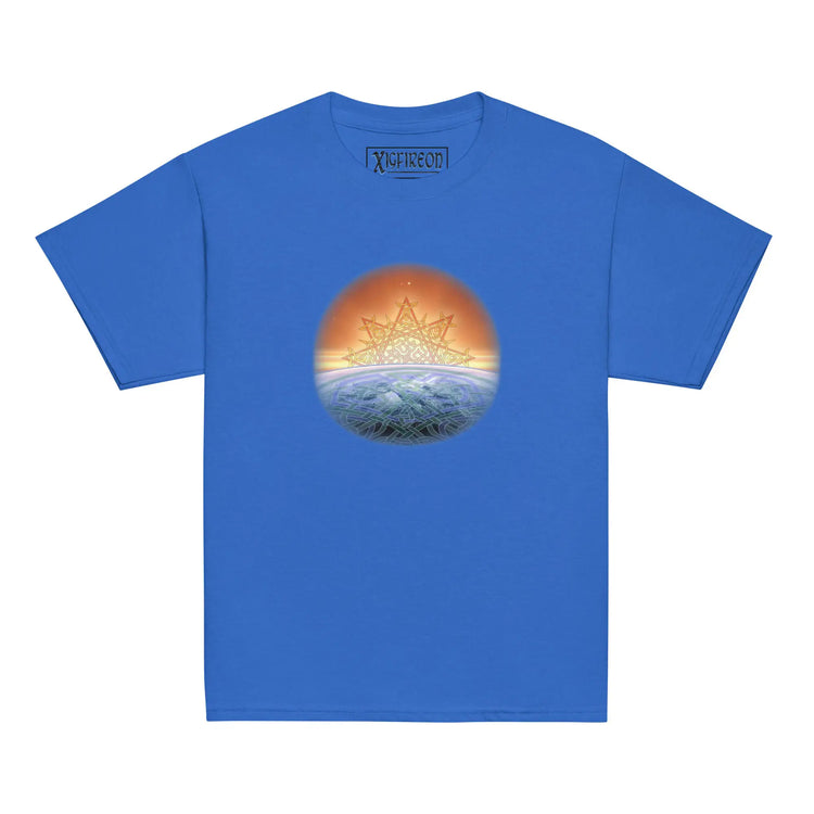 A royal blue Xigfireon kids graphic t-shirt featuring the `Derivation II` Celtic knot merger design symbolizing the Sun and the Earth in their cosmic dance.